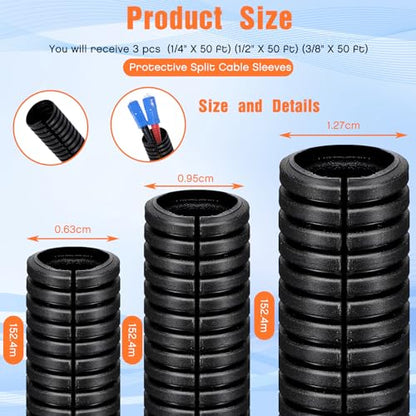 Sasylvia 1/4", 1/2", 3/8" x 50 Ft Split Wire Loom Tubing Wire Loom Assortment Split Cable Sleeves Bulk Flexible Electrical Conduit Protective kit - size: 1/4", 1/2", 3/8" X 50 ft