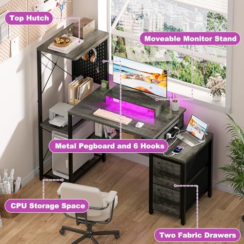 Small Gaming Desk with 2 Fabric Drawers - Reversible Computer Desk with Power Outlet & LED Lights, 49" Office Desk with Monitor Stand & Storage Shelves, Writing Study Table with Pegboard, Grey Oak - color: Grey Oak