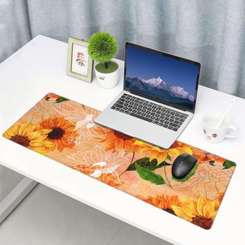 Sunflower Gaming Mouse Pad, Hand Drawn Floral Note Music Large Extended Desk Mat 11.8X 31.5 inches with Non-Slip Base & Stitched Edges, Waterproof Desk Mat for Office, Home, Laptop, Computer Keyboard - color: Sunflower_18