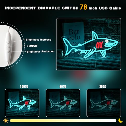 Shark Neon Sign for Wall Decor Dimmable USB Powered Blue Shark Neon Light Shark Lamp Wall Decor Sign Fish Light for Beach House Wall Art Ocean Animal Decor Game Room Bedroom Decor - style: shark