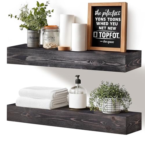 24x3x7 inch Floating Shelves Wall Mounted - Set of 2 Black Rustic Solid Wood Wall Shelf - Heavy Duty Decorative Fireplace Mantel for Living Room, Bedroom, Bathroom, Kitchen - color: Black, size: 24x3x7-hollow-2pack