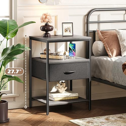 SUPERJARE Night Stand with Charger Station, 27.7 Inch Tall Nightstand with Adjustable Fabric Drawer, Bed Side Table, Fabric Drawer Dresser for Bedroom, Living Room, Charcoal Gray and Black - color: Charcoal Gray and Black, size: L (15.7"D x 17.7"W x 27.7"