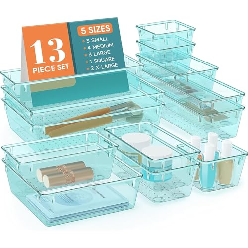 StorMiracle 13 PCS Clear Plastic Drawer Organizers Set, 4 Size Desk Drawer Organizer Trays for Makeup, Jewelry, Kitchen Utensils, Gadgets and Office Accessories, Sea Blue - color: Sea Blue, size: 13 PCS