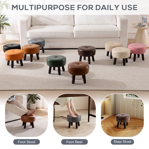 oakvivo Ottoman, Small Foot Stool, Round Leather Pouf Ottoman, 13''L x 13''W x 10.2''H Foot Rest with Non-Skid Rubber Legs for Living Room Bedroom Couch Entryway, Grey - color: Grey