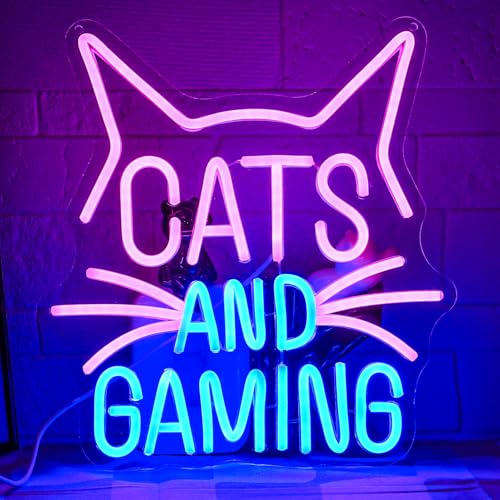 Cats Gaming Neon Sign Gamer Neon Light Sign Cat LED Light Sign Pink Blue Gaming Cat Neon Sign for Gaming Video Room Gamer Decor Gamer Teen Birthday - color: Crimson&Dark Blue