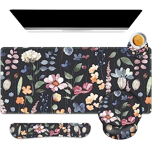 ARTSO Desk Mat, Large Gaming Mouse Pad Wrist Support Set, Ergonomic Keyboard Wrist Rest Desk Pad with Coaster Combo, Extended Mousepad with Non-Slip for Home Office, Flowers Plants - color: Flowers Plants