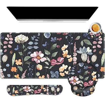 ARTSO Desk Mat, Large Gaming Mouse Pad Wrist Support Set, Ergonomic Keyboard Wrist Rest Desk Pad with Coaster Combo, Extended Mousepad with Non-Slip for Home Office, Flowers Plants - color: Flowers Plants