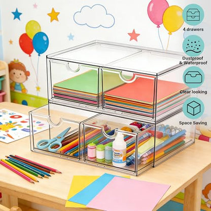 Prsildan Acrylic Storage Drawers Clear Makeup Organizer with 4 Drawers | Transparent, Stackable, For Vanity Bathroom Kitchen Cabinets Office Desk Undersink, Cosmetics Toiletries Home Small Items - style: Style2-4Drawers