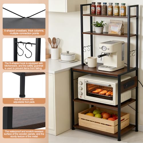 Luckyeestar 5 Tier Kitchen Bakers Rack with Power Outlet，25.2 Inch Metal Storage Shelf for Microwave, Coffee Bar, Spice Organizer, Freestanding Kitchen Cart with Hooks - size: 5-Tier 25.2 inches