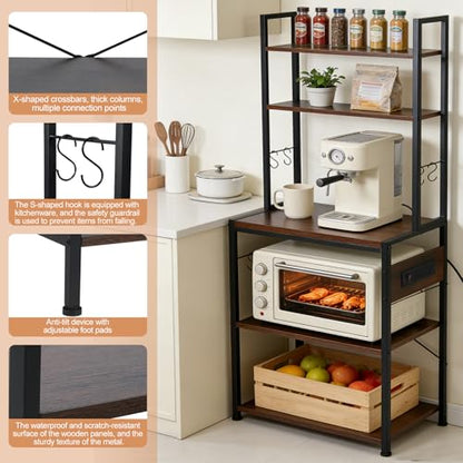Luckyeestar 5 Tier Kitchen Bakers Rack with Power Outlet，25.2 Inch Metal Storage Shelf for Microwave, Coffee Bar, Spice Organizer, Freestanding Kitchen Cart with Hooks - size: 5-Tier 25.2 inches