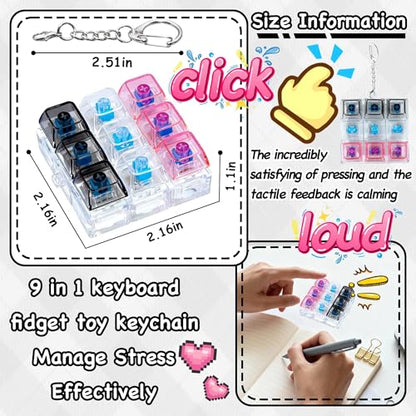 Keyboard Fidget Toy, Keyboard Keychain Fidget Toys, 9-in-1 Clicker Fidget Toy, Stress Relief Desk Decompression Button, Anxiety Relief Valentine's Day Gifts (3 Color-Clear Black Pink) - color: 3 Color-clear Black Pink