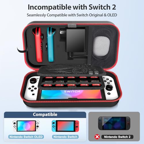 Switch Carrying Case Compatible with Nintendo & OLED, Portable Switch Travel Carry Case Fit for Joy-Con and Adapter, Hard Shell Protective OLED Pouch Bag with 20 Games, Red For N DS Cases & Storage - color: Red, size: 2017 inches