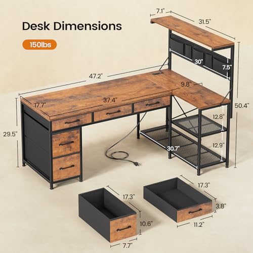 Itaar L Shaped Desk with 5 Drawers and Storage Shelves, Reversible Computer Desk with Bookshelf for Home Office, Corner Gaming Desk with LED Lights, Power Outlets and Storage Bad, Rustic Brown - color: Rustic Brown