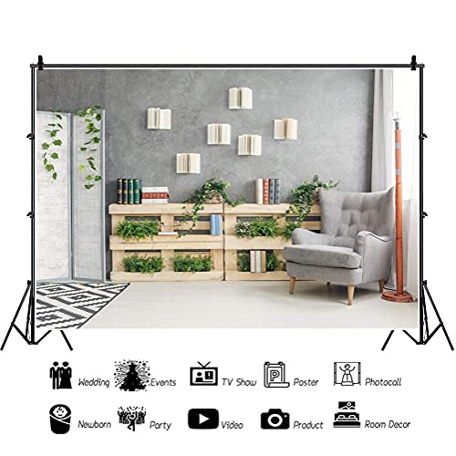 YongFoto 6x4ft Interior Room Backdrop for Photography Wooden Bookshelf Green Plants Screen Armchair Grey Lounge Background Modern Home Banner Decor Live Video Portrait Photo Studio Props