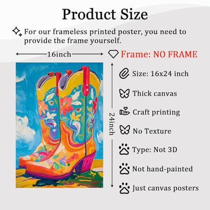 Cowgirl Boot Canvas Wall Art Trendy Western Poster Cowboy Boots Painting Preppy Aesthetic Pictures Abstract Print Cowgirl Boot Artwork Colorful Poster Western Cowboy Wall Art Prints 16x24inch No Frame - color: D1Unframed