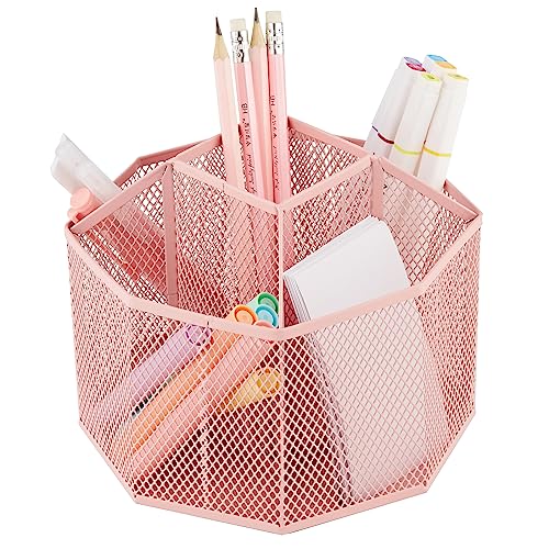 Annova Mesh Desk Organizer Rotate with 5 Compartments Spinning Tidy Candy/Pen Holder Office, Art Supply, Storage, Classroom, Home (Light Pink) - color: Light Pink