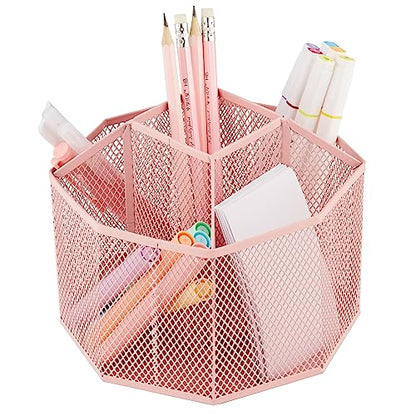 Annova Mesh Desk Organizer Rotate with 5 Compartments Spinning Tidy Candy/Pen Holder Office, Art Supply, Storage, Classroom, Home (Light Pink) - color: Light Pink
