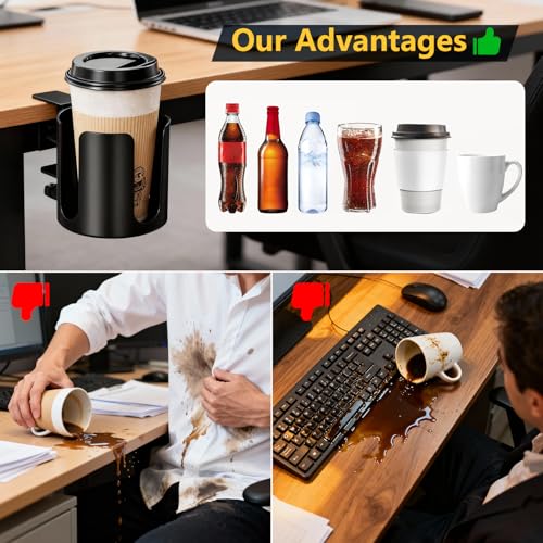 Desk Cup Holder Clip On with Buckle Clamp,Deeper Anti-Spill Drink Table Holder for Water Bottles & Coffee Mugs,Adjustable Large Metal Clamp Fits Desks for Office & Gaming,Home,Black - size: 3.94"L x 3.94"W x 3.94"H