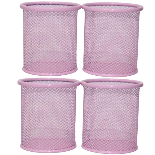 Pen Holder Mesh Pencil Holder Metal Pen Holder Cup Pencil Cup Holder for Desk Office Pen Organizer PINK, 4 Pack - color: Pink, size: 4 PACK Round