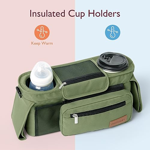 Momcozy Universal Baby Stroller Organizer, 2 Insulated Cup Holder, Detachable Zippered Pocket, Adjustable Shoulder Strap, Large capacity for baby essentials, Compact Design Fits Any Strollers - color: Green
