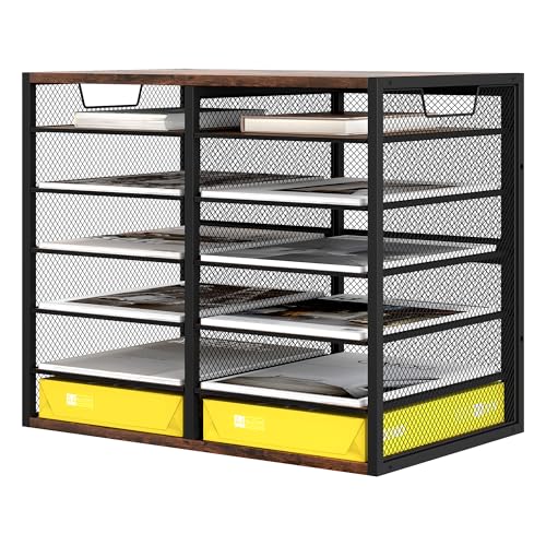 TQVAI 12 Compartments Desktop Literature Organizer, Metal Frame Paper Sorter with Handles, Adjustable Mailbox for Classroom and Office, Desk File Organizer for Document, Bill, Magazine, Antique Brown - color: Antique Brown, size: 21.1" W X 12.2" D X 16.14