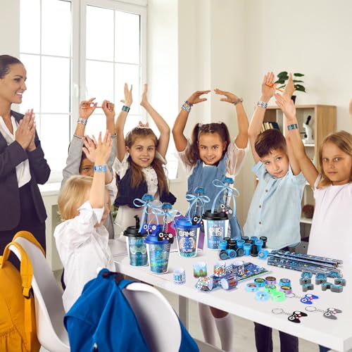 Watersay 110 Pcs Video Game Party Favors Set Includes Drink Cup with Lid Game Card Pencil Sharpener Eraser Stickers Slap Bracelet Keychain Stamp Sticker Ribbon for Gamer Birthday Level Party