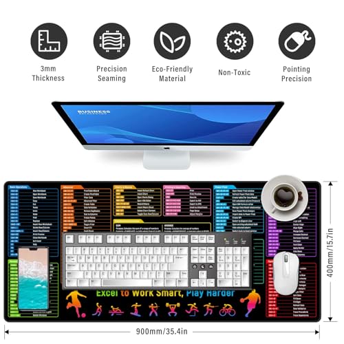 Excel Shortcuts Cheat Sheet Desk Pad Mat– 35.4x15.7 Inches Large Mouse Pad with Non-Slip Rubber Base, Quick Reference Guide for Office & Home - color: Colorful