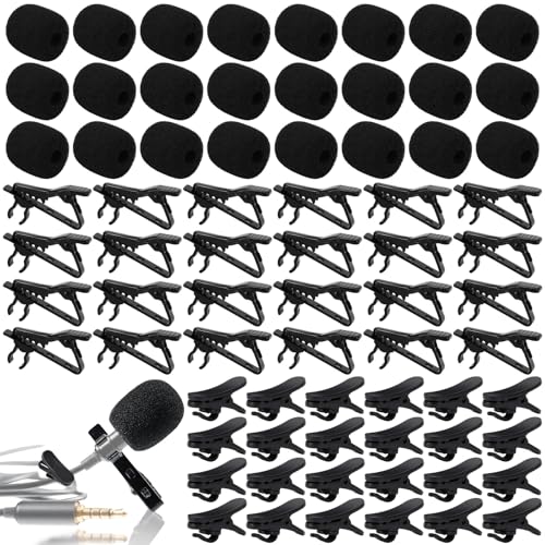 Konohan 24 Set Lavalier Microphone Replacement Kit, Metal Tie Clips, Windscreen Foam Covers & Plastic Cable Clips for Lapel Mics, Ideal for Recording, Live Streaming & Video, Black