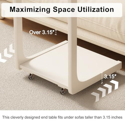 AQIMUELE Wooden C-Shaped End Table,Couch Table with Adjustable Desktop,Small Rolling Side Table with 2 Lockable Wheels 23.6" Width,Small End Table for Couch, Living Room,Bedroom (White) - color: White, size: 15.6"D x 23.6"W x 24.8"H, style: Modern 2 Tier