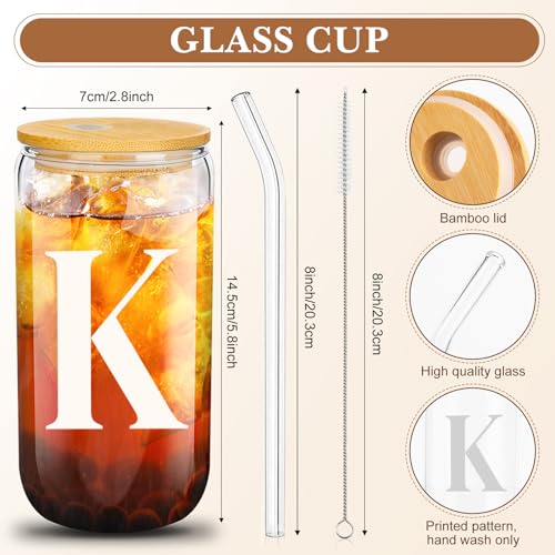Aliceset Initial Gifts for Women Monogram Canvas Tote Bag and Makeup with Zipper and Initial Glass Coffee Cup Gifts for Her - style: Letter K