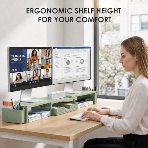 OPNICE Desk Organizers and Accessories, Dual Monitor Stand Riser with Drawer and 2 Pen Holders, Desk Shelf Metal Computer Monitor Stand for Office Workspace Organizers, Desktop Organization (Green Metal) - color: Green Metal