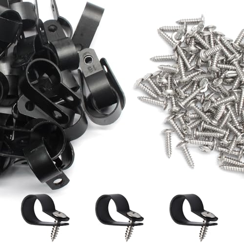 50 Pcs 5/8 Inch Black Nylon Screw Mounting R-type Cable Clip Wire Clamp, 16mm Cable Clip Wire Clamp for Wire Management, Stainless Steel Screws Included - color: 50 Pcs Black, size: 5/8