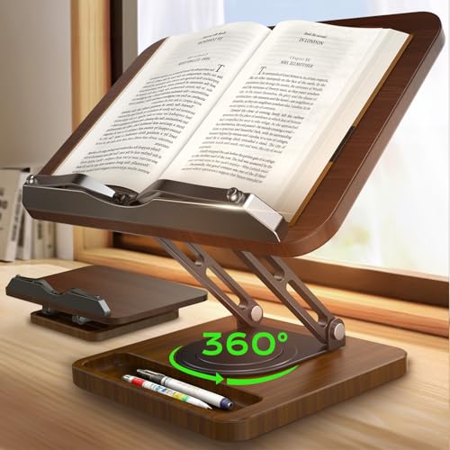 Book Stand for Reading, Adjustable Book Holder, 360° Rotating Bases with Pen Slot, Ergonomic Cookbook Stand Recipe Book Holder with Elastic Page Clips for Magazines, Tablets, Laptops - color: Brown
