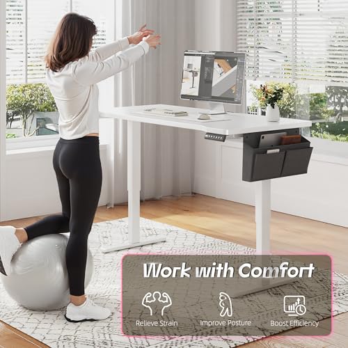 EnHomee Electric Standing Desk with LED Lights,Computer Desk 56 x 24 Inch Height Adjustable with 3 Memory Preset,Gaming Sit Stand Desk with Storage Side Pocket and Cable Management,White