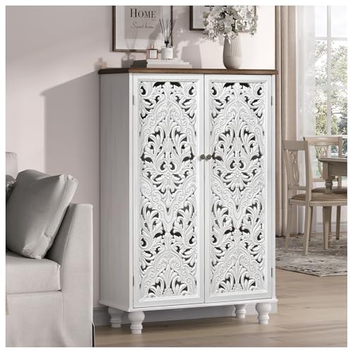 Jiansu furni Buffet Sideboard Cabinet with Carved Doors, 47" Tall Accent Cabinet for Dining Room, Vintage Wood Storage Cabinet with Shelves, Slim Floor Cupboard for Kitchen & Entryway, White & Walnut - color: White & Walnut_2 Doors Tall