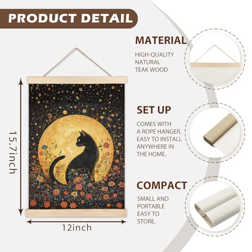LZYRF Witchy Black Cat Full Moon Wall Art Poster Framed, Dark Cottagecore Decor, Whimsical Mystical Black Cat Floral Canvas Prints Wall Decor for Home Bedroom Living Room, 12x16 Inch - color: the cat in the moonlight, size: 16"L x 12"W