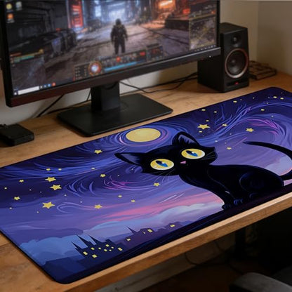 Black Cat Under Purple Starry Night Gaming Mouse Pad Large Desk Mat Extended Keyboard Anime Mousepad with Non-Slip Base and Stitched Edge for Desk Home Office Gaming,31.5 x 11.8 Inch - color: Black Cat under Purple Starry Night, size: 11.8*31.5inch