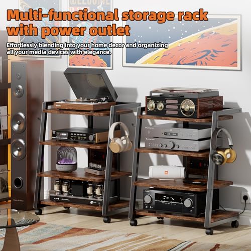 CABTE Mobile AV Media Stand with Outlets and 4 Rolling Caster Wheels, 4-Tier Rolling TV Stand for Gaming Console, Stereo, DVD Player, Sturdy Metal Frame, Versatile Living Room,Bedroom (Retro Brown) - color: Retro Brown