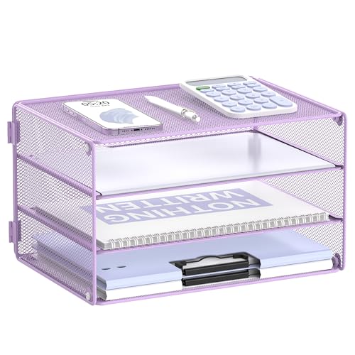 DALTACK 3 Tier Letter Tray Paper Organizer for Desk, Mesh Metal Desk File Organizer with Sliding Trays for Letter/A4 Paper, Mail, Bills & Folders, Light Purple - color: Purple