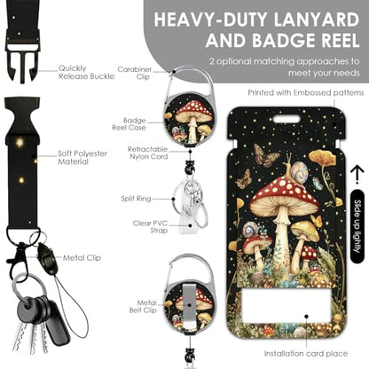 Mushroom Lanyards for ID Badge, Lanyard ID Card Holder with Retractable Reel Clip and Keychain, Vertical Identity Badge Cover Case Protector for Teacher Nurse Women Men Black - color: Mushroom-black