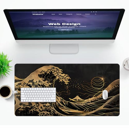 VNDL Large Japanese Black and Gold Gaming Mouse Pad, Sea Waves, Premium Non-Slip Anime Desk Pad for Office, Extended XL XXL Mouse Mat and Laptop Pad, Waterproof and Stiched Edges 31.5 x 15.7 in (wg2) - color: wg2