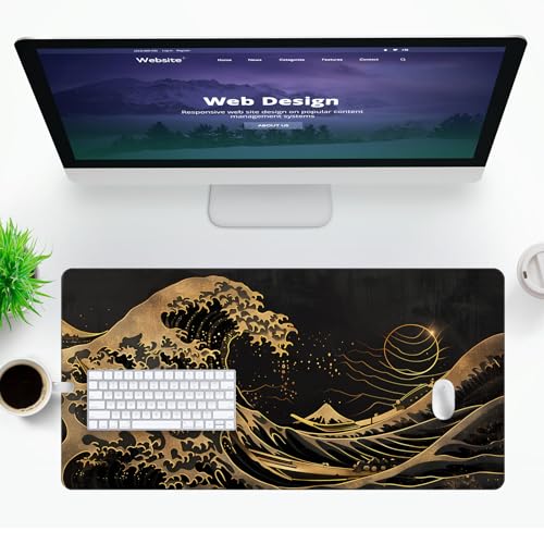 VNDL Large Japanese Black and Gold Gaming Mouse Pad, Sea Waves, Premium Non-Slip Anime Desk Pad for Office, Extended XL XXL Mouse Mat and Laptop Pad, Waterproof and Stiched Edges 31.5 x 15.7 in (wg2) - color: wg2