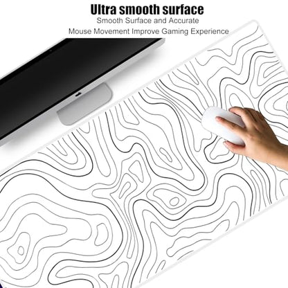 HGWALP Large Gaming Mouse Pad Extended XXL Mouse Mat Long Desk Pad with Stitched Edges for Keyboard Home Office Gaming Work Big Desk Pad (35.4x15.7x0.12IN, 90x40),White Topographic - color: White Topographic