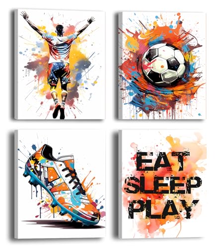 Graffiti Soccer Wall Art Sport Graffiti Art Soccer Shoes Posters Pictures Sports Theme Football Paintings for Bedroom Boys Room Teen Kids Playroom Home Decoration Set of 4(8"x10",Framed) - color: Framed--Graffiti Soccer Wall Art Poster