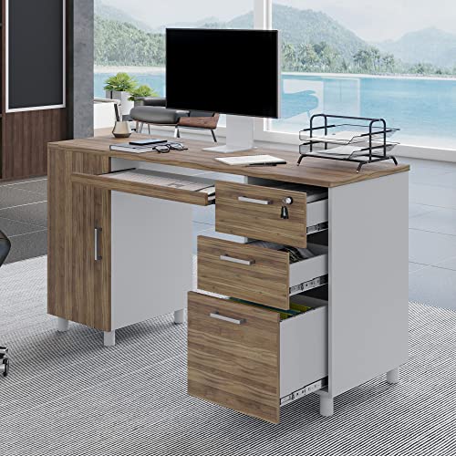 Modern Design Venice Computer Desk with Lockable Drawers, 53 Inch Home Office Desk with Storage Cabinet, Keyboard Tray & Cable Management, Modern Study Writing Desk for Small Spaces, Walnut and White - color: Walnut White