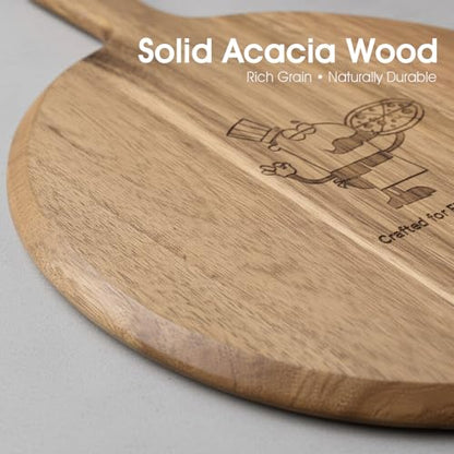 12" Acacia Wood Pizza Board & Cutting Board Set with Pizza Cutter, Round Wooden Serving Tray/Charcuterie Platter for Cheese, Appetizers & Entertaining, Rustic Housewarming Gift - size: 12 inch