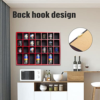 Shot Glass Display Case 18" x13" Solid Wood Wall Mounted Collection Cabinet 28 Slots Small Curio Cabinet Rack (No Door) Mahogany - color: Mahogany