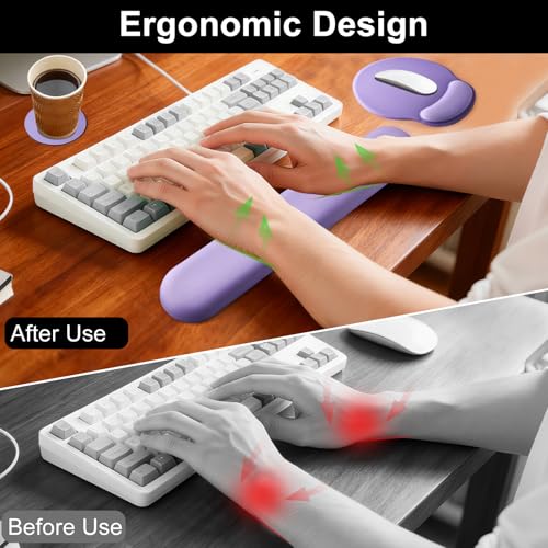 Keyboard Wrist Rest Mouse Pad with Wrist Support, Gaming Mousepad with Non-Slip Base, Ergonomic Mouse Wrist Arm Cushion Support for Home Office Laptop Computer, Easy Typing for Pain Relief, Purple - color: Purple