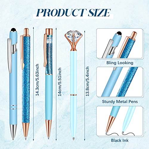 Sabary 8 Pcs Blue Pens with Pen Holder for Desk Glitter Crystal Diamond Cute Ballpoint Fancy Pencil Holder Bling Desk Organizer for Women Girls School Office Supplies Wedding Graduation Gifts - color: Blue