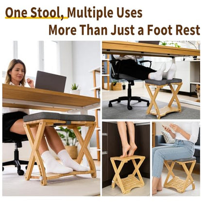 Double Step Foot Rest Under Desk at Work, Bamboo Foot Stool with 6 Adjustable Heights, Ergonomic Under Desk Footrest with Cushion for Home, Office & Gaming (Natural Color)